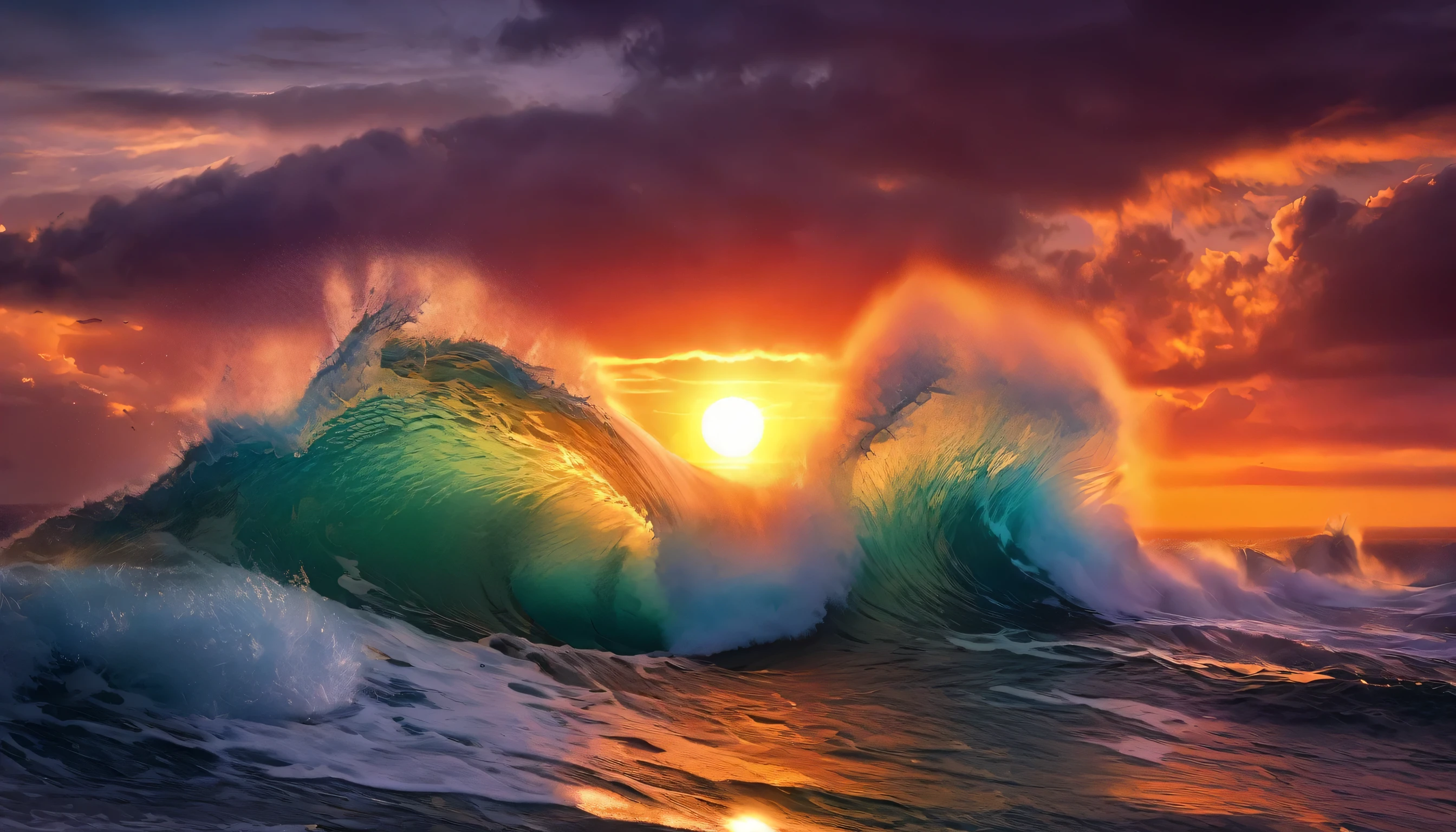 arafed view of a sunset over the ocean with waves crashing, chaotic sea setting, vibrant sunrise, breathtaking colors, breathtaking look, vibrant sunset, breathtaking composition, beautiful sea landscapes, stunning sunset, magnificent background, sunset glow, beautiful background, beautiful dreamy breathtaking, marc adamus, warm beautiful scene, epic sunset, beautiful sunset, beautiful sunset glow, beautiful ocean