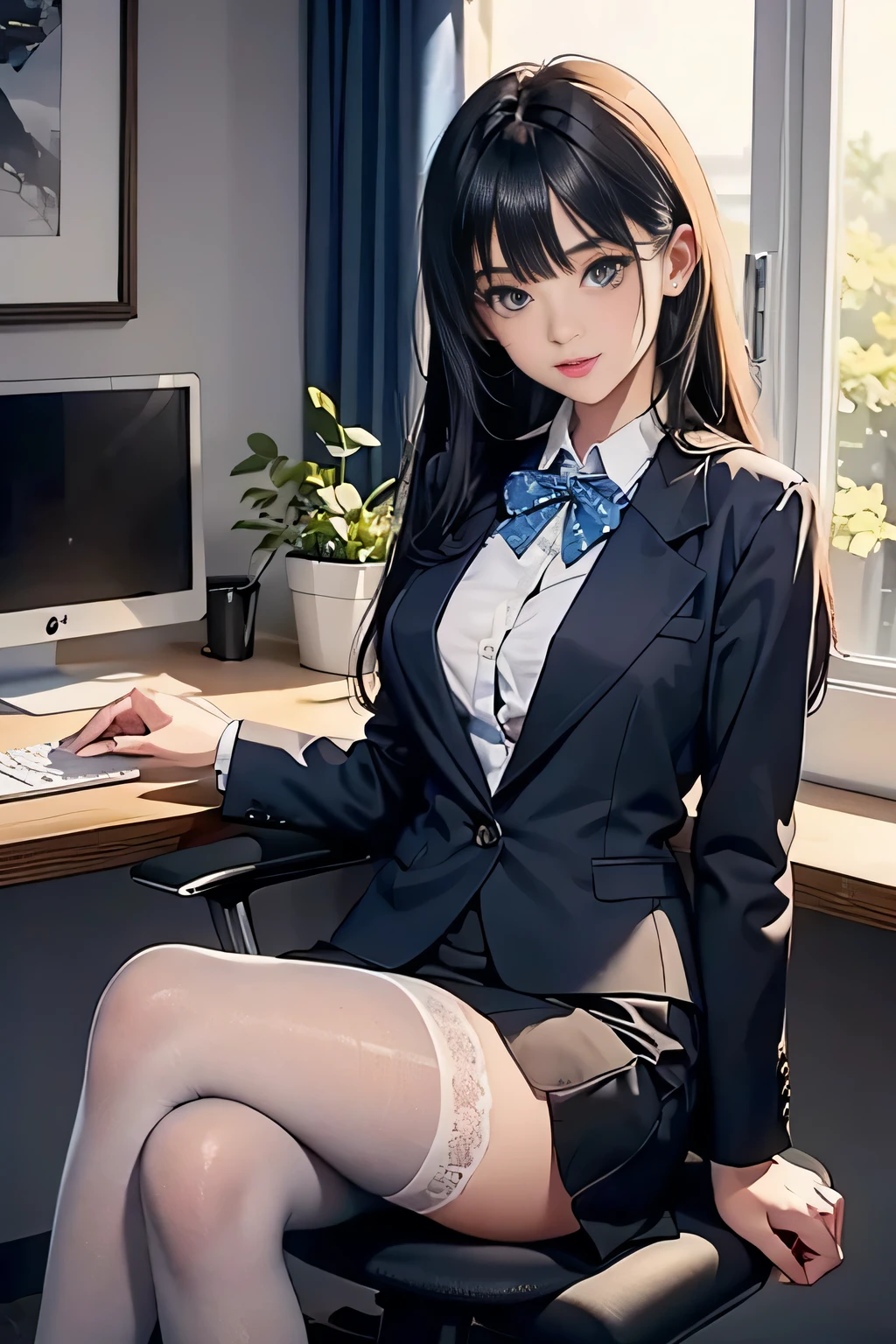 (Office girl suit,dark blue jacket,white blouse,dark blue skirt,black pantyhose over white panties),((1girl,cute,young,semi long beautiful black hair,blunt bangs,twin tales,beautiful eyes)),(solo),((masterpiece, highest resolution,best quality)), (beautiful illustration),(Office girl suit,dark blue jacket,white blouse,dark blue skirt,black pantyhose over white panties),(looking at the viewer), innocent smile,cinematic lighting,Sitting in the office chair,day,window,desk,blue sky,