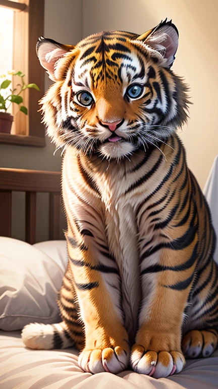 A cute newborn tiger cat。 Holding baby milk bottle in bed 8k HD