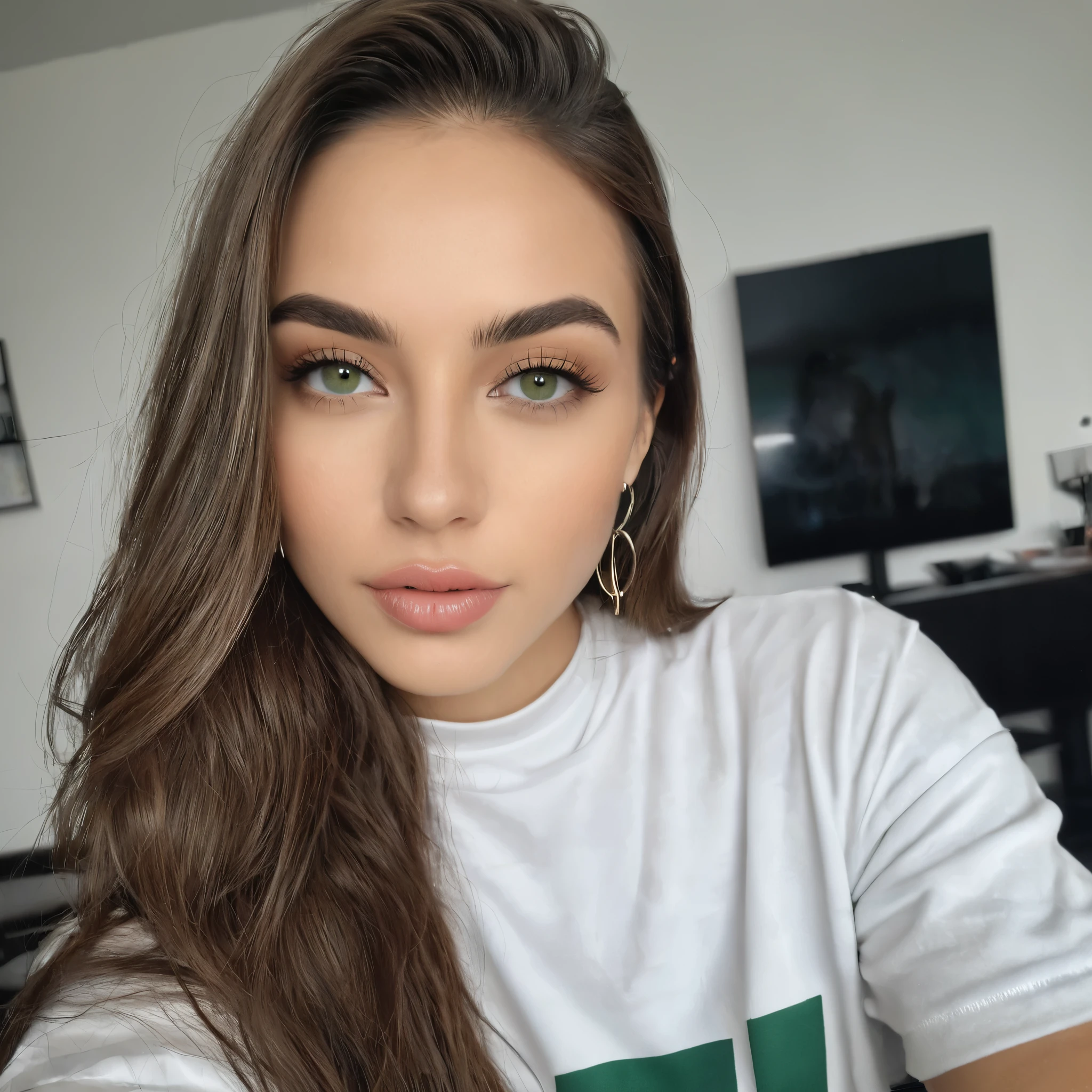 8k, Melhor qualidade, mesa, realista, O ultra-detalhado, fotografia realista, Um hiper-realista, softer lighting, increase the quality of cinematic lighting, photorealistic lighting, Back lighting, luz brilhante, Aumentar a qualidade, Peles com textura real de alta qualidade, fechar-se, delgado, rosto fofo, de calcinha de bases largas e casaco moletom branco, olhos lindos e detalhados, snapshot garota branca magra, , cabelo liso, fino, branca de olhos verdes, istp style, foto realista, , apartamento simples, pequeno, analog camera effect, video baixa qualidade, webcam efeito cabelo liso, , calvin klein, chapinha, gamer style, cabelo extremamente liso, foto corpo inteiro, video caseiro, webcam