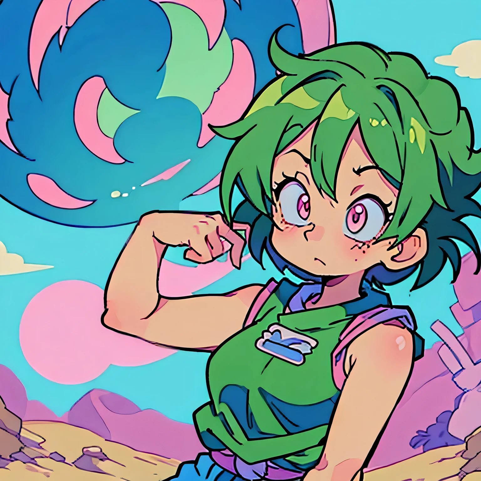 one cute anime girl short green hair and pink eyes wearing in dragon ball akira toriyama style shocked looking face no background
