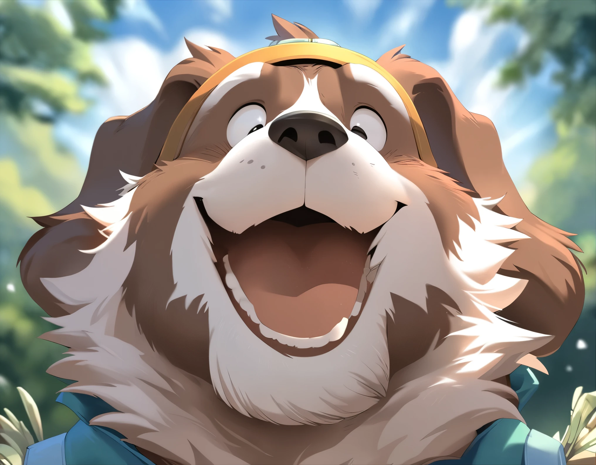 anthro, kemono, male, solo, ((round face, very plump face, thick beard)), ((endomorph body type, old-aged)), ((adventure costume:1.5)), ((domestic dog, dog) fluffy fur, fluffy), (at lawn hills, blue sky clouds), bokeh, (face focus, headshot), detailed background, (high quality, highres, masterpiece), (dynamic lighting, vivid color), ((crazy laugh)), (humorous person), (dynamic pose), (close up persective), (animaginexl:1.3), (upperbody), (dreamy looks)