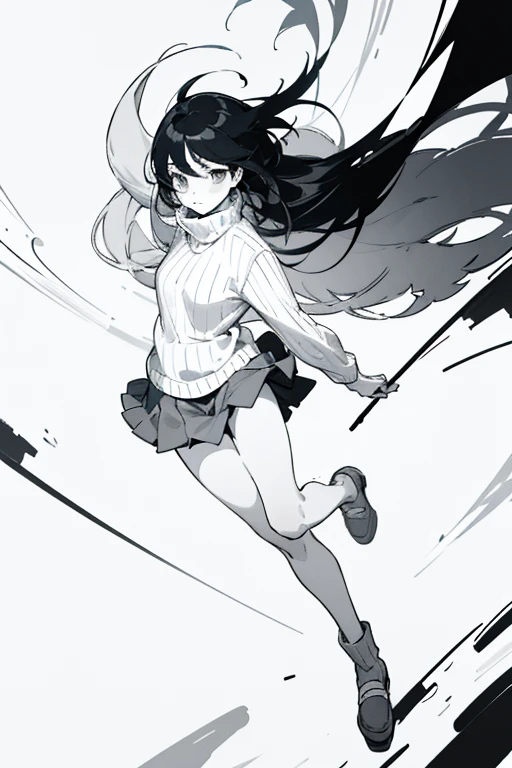 ((highest quality)), ((masterpiece)), (be familiar with), perfect face、girl、line drawing、anime style、Flaxen Turtleneck Sweater、skirt、Show the whole body、draft、monochrome、rough、skirtを手で掴む、long hair、black hair、cool
