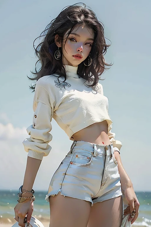 Beauty fatless curvy sea conscious,in eclipse sunset outfit, minimalist, translucido fino de seda white-ish background, white fancy mini latex shorts, decorative art elaborate texture, retro fantasy, vibrant colors ((Mejor calidad)), ((obra maestra)), (detallado), cara perfecta
