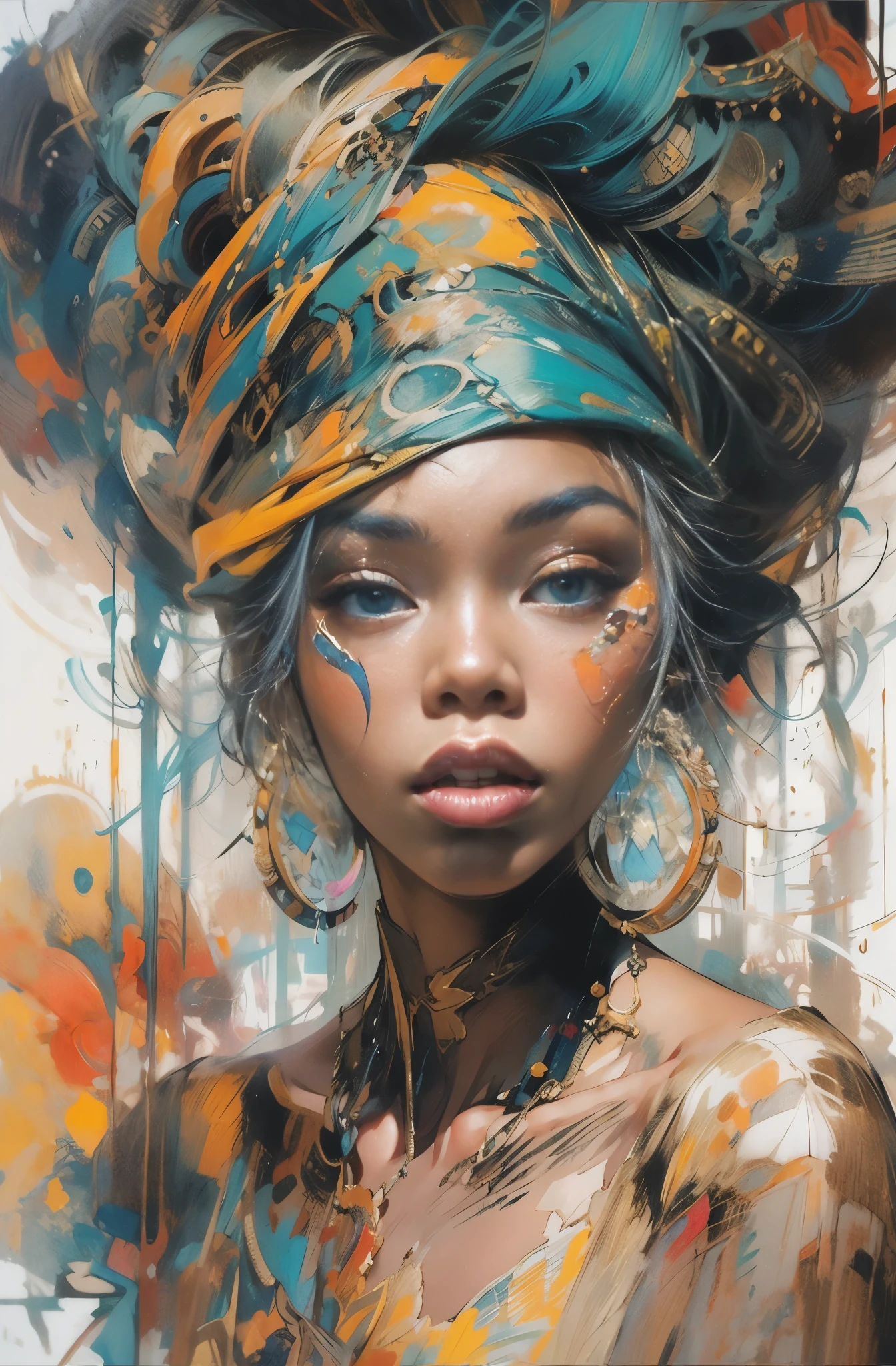 Beautiful Black Women Paintings, pretty much beautiful face, hip hop, soulful, Avant-garde, Queen of the Streets, check it out, Ultra-detailed paintings inspired by WLOP, art station trends, fantasy art, A complicated mess, The art of hitting, wallop art, WLOP |, wallop style, beautiful character drawings, Wlop painting style, WLOP | germ of art, Unparalleled Beauty Tumbler, figurative art, intense watercolor, watercolor detailed art, watercolor splash, surreal, avant-garde pop art, Beautiful and expressive paintings, Beautiful artwork illustration, very colorful tones, wonderful, cool beauty, masterpiece, highest quality, official art, women only, sharp outline, best shot, vector art, Written by Sandra Chevrier, dave mckean、By Richard Avedon、Written by Makiezi Kusiala, luminous design