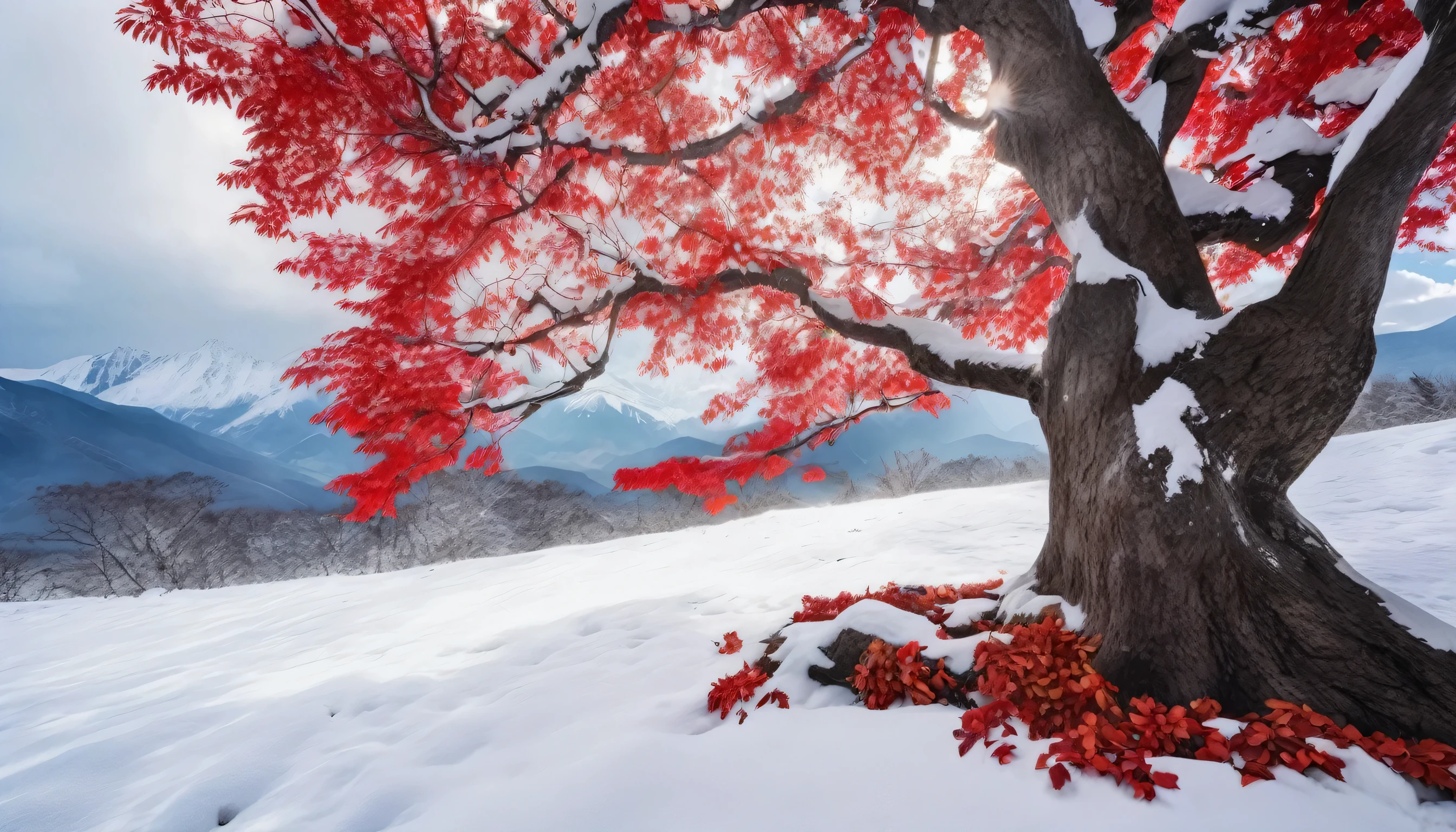 Ancient tree with red leaves in the snowy weather, winter day, gentle sunlight, a falling leaf, the scene in the background is white snow mountains