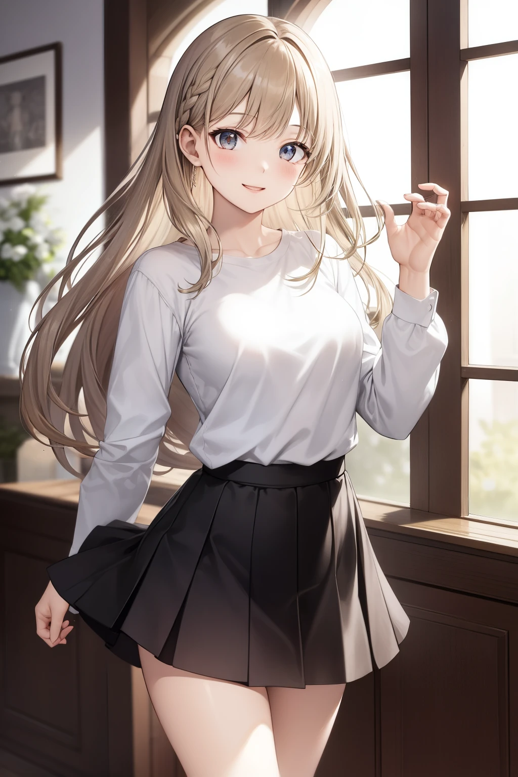 Elena,Elena\(long_Sleeved_shirt\),Elena\(skirt\), (masterpiece:1.6, best quality), shining hair, long hair, shining , happy,indoors,depth of field,