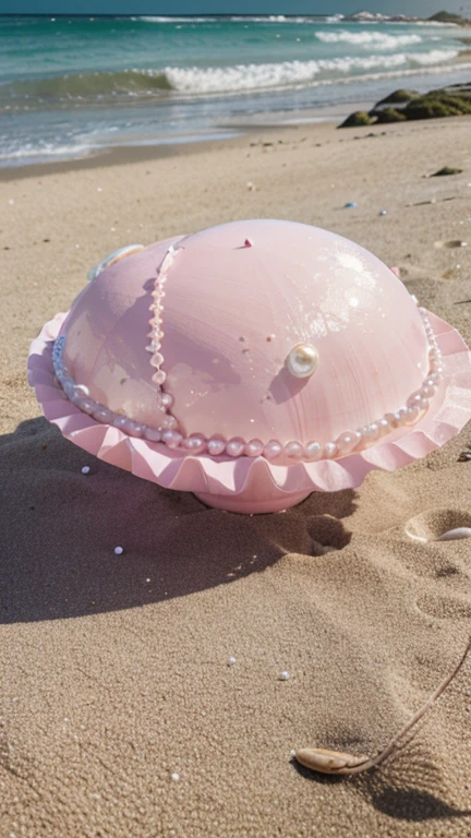(8K, RAW photo, Best quality, masutepiece: 1.2), (Realistic, Realistic: 1.37) There are pink shells on the beach, there are waters, Pearlescent, pearls and shells, Soft spill, pearls, Pink jellyfish are everywhere, Soft 3D rendering, Ethereal bubbles, Bubble landscape, Elay shader, pastel pink, Pink reflections, Pearl Sky, shells, Paradise pink, Pastel colors, Pink pastels,
