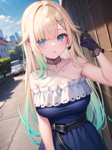 (masterpiece:1.3),((High resolution)),((high quality)),((Super detailed))、1 girl、perfect balance、perfect face、detailed face、cute face、beautiful詳細な目、Expressive eyes、cute eyes、shiny eyes、perfect body、beautiful体、Emma Aizawa,long hair、gradient hair、hair ornament、lace choker、black choker、bear shoulder、Chris Cross Halter、Blue Dress、frills、black ribbons、Black Gloves、thigh strap、(big breasts)、(head shot)、embarrassing、blush、beautiful女の子、cute face、beautiful顔、cute face、beautiful、best quality、good anatomy、smile、closed mouth、blush、(NSFW:1.3), ((Super detailedな背景)), mistress pose, ((8k wallpaper)) , smile, blush, outdoor, Day, blue sky, empty, looking at the viewer, moody lighting, face-to-face audience、((Are standing))、From above