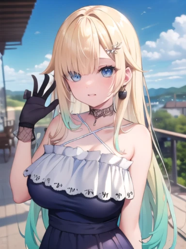 (masterpiece:1.3),((High resolution)),((high quality)),((Super detailed))、1 girl、perfect balance、perfect face、detailed face、cute face、beautiful詳細な目、Expressive eyes、cute eyes、shiny eyes、perfect body、beautiful体、Emma Aizawa,long hair、gradient hair、hair ornament、lace choker、black choker、bear shoulder、Chris Cross Halter、Blue Dress、frills、black ribbons、Black Gloves、thigh strap、(big breasts)、(head shot)、embarrassing、blush、beautiful女の子、cute face、beautiful顔、cute face、beautiful、best quality、good anatomy、smile、closed mouth、blush、(NSFW:1.3), ((Super detailedな背景)), mistress pose, ((8k wallpaper)) , smile, blush, outdoor, Day, blue sky, empty, looking at the viewer, moody lighting, face-to-face audience、((Are standing))、From above