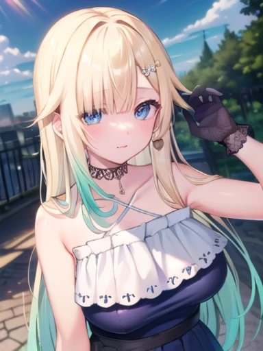 (masterpiece:1.3),((High resolution)),((high quality)),((Super detailed))、1 girl、perfect balance、perfect face、detailed face、cute face、beautiful詳細な目、Expressive eyes、cute eyes、shiny eyes、perfect body、beautiful体、Emma Aizawa,long hair、gradient hair、hair ornament、lace choker、black choker、bear shoulder、Chris Cross Halter、Blue Dress、frills、black ribbons、Black Gloves、thigh strap、(big breasts)、(head shot)、embarrassing、blush、beautiful女の子、cute face、beautiful顔、cute face、beautiful、best quality、good anatomy、smile、closed mouth、blush、(NSFW:1.3), ((Super detailedな背景)), mistress pose, ((8k wallpaper)) , smile, blush, outdoor, Day, blue sky, empty, looking at the viewer, moody lighting, face-to-face audience、((Are standing))、From above
