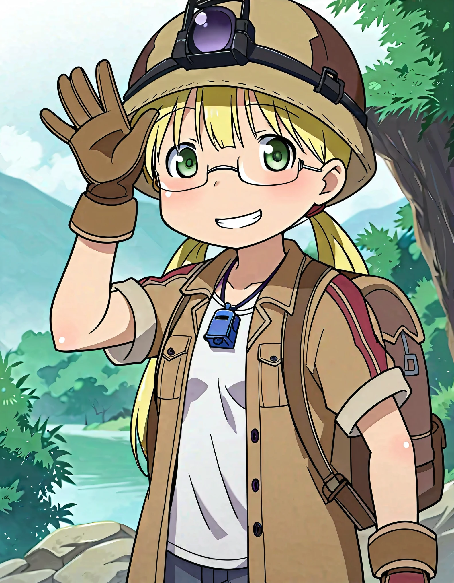 score_9, score_8_up, score_7_up, source_anime, Perfect Hands, perfecteyes, BREAK 1girl, solo, mabyss, scenery, thirdlayer, riko \(made in abyss\), blonde hair, green eyes, glasses, low twintails, gloves, jacket, short sleeves, :d, open clothes, teeth, pants, bag, open jacket, backpack, helmet, , brown gloves, brown jacket, waving, female , whistle, whistle around neck, looking at viewer, brown helmet,