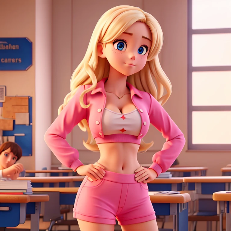 Busty blonde high school student baring her midriff in a tight pink crop top