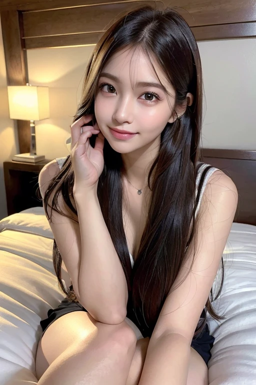 (8K, highest quality, masterpiece:1.2), (realistic, Photoreal:1.37),feet, super detailed, one girl, cute, solo, ((rest one's chin on one's chin)),((night)),((light)),((bed)), (nose blush), (laughter:1.20), (closed mouth), beautiful and fine eyes, (hair length: 1.2), Floating hair NovaFrogStyle