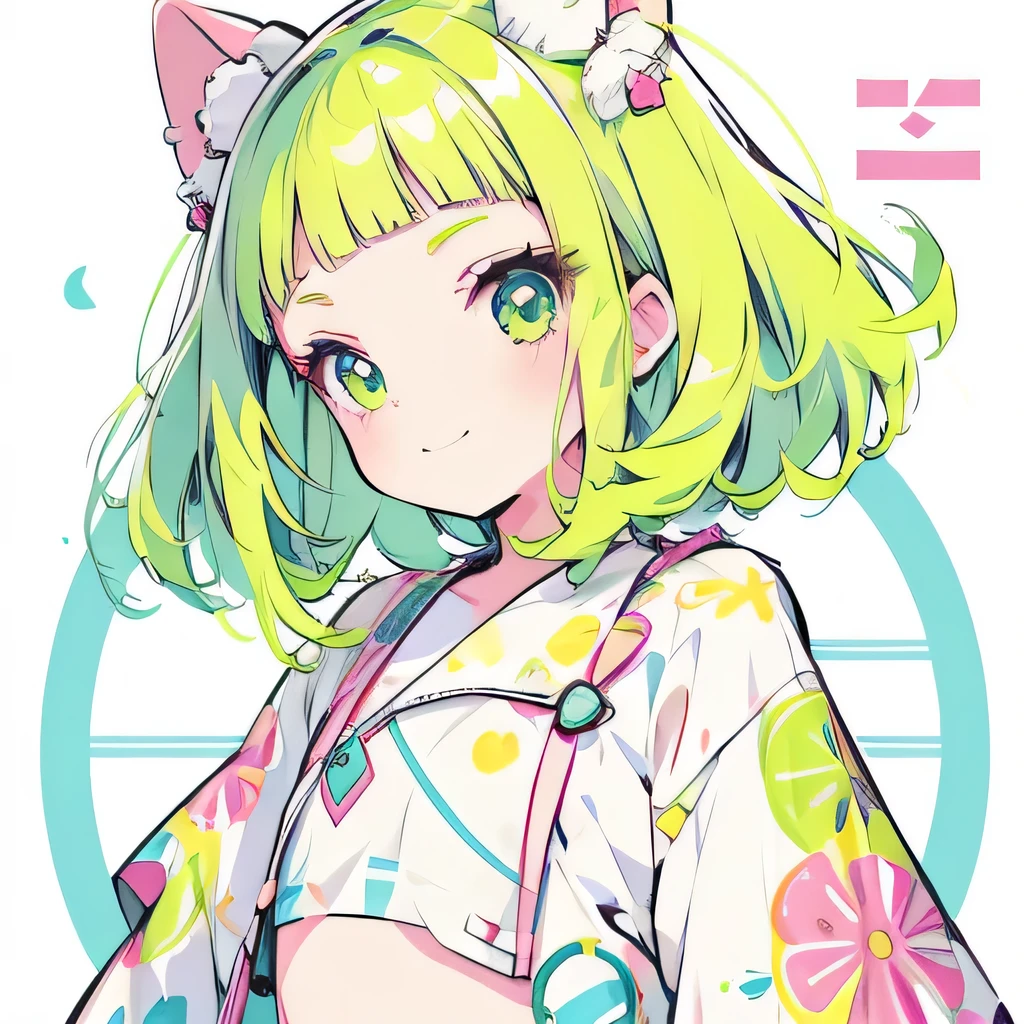 Girly girl, happy, colorful, flat, harajuku, posing, green hair, innocent, smiling, beautiful, face focus, face close-up, short bangs, cute, bubbly, white background, no shirt, naked