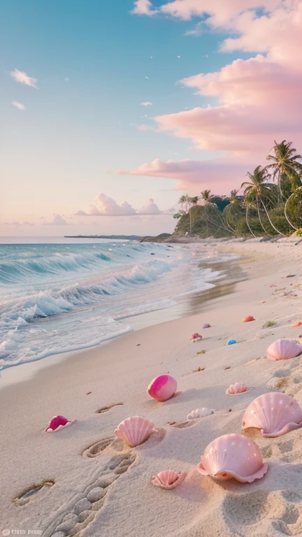 (8K, RAW photo, Best quality, masutepiece: 1.2), (Realistic, Realistic: 1.37) There are pink shells on the beach, there are waters, Pearlescent, pearls and shells, Soft spill, pearls, Pink jellyfish are everywhere, Soft 3D rendering, Ethereal bubbles, Bubble landscape, Elay shader, pastel pink, Pink reflections, Pearl Sky, shells, Paradise pink, Pastel colors, Pink pastels,