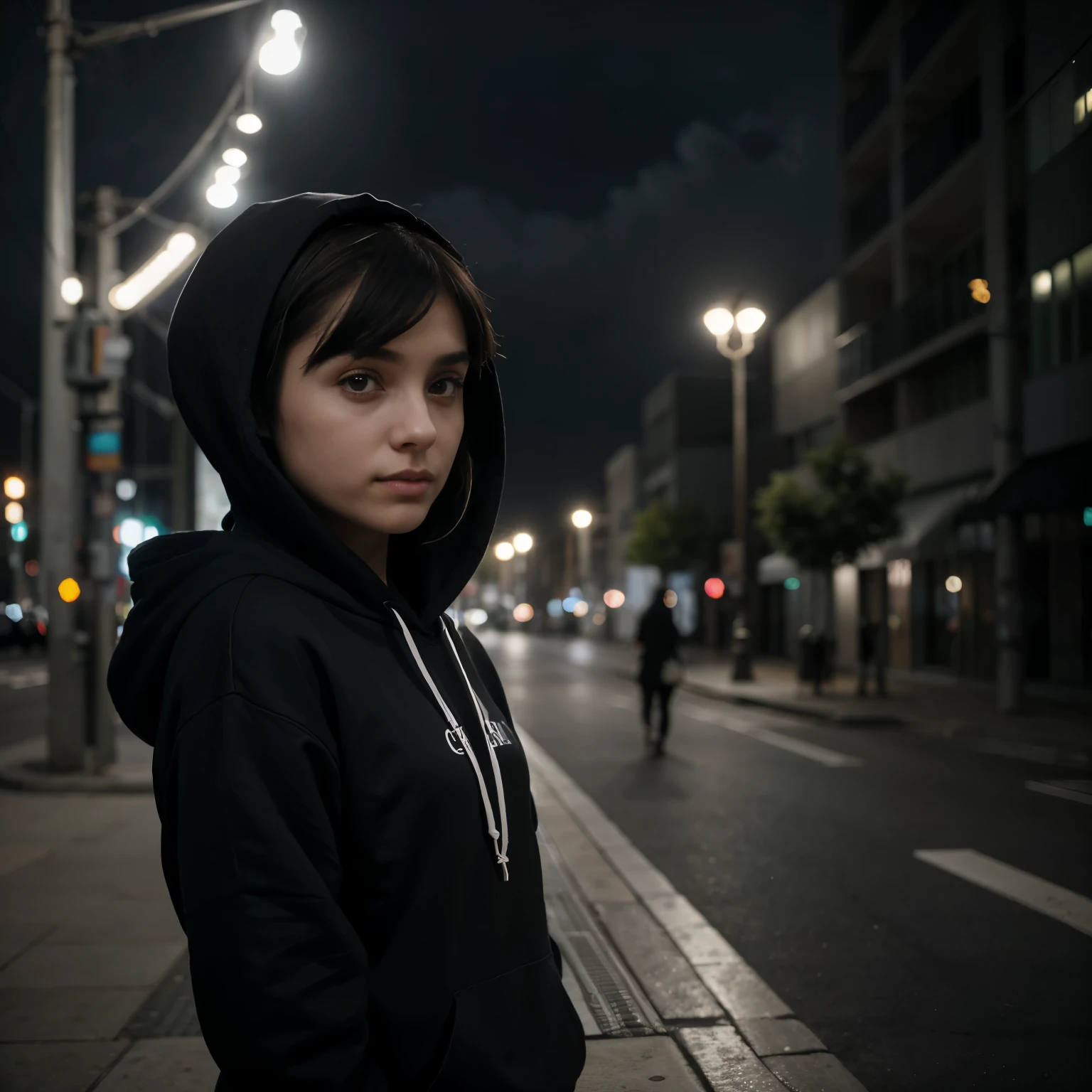 looking to the horizon, ((Monocrhome)), blurred background, dark, (capucha) determined, cute, chiaroscuro, black and white, 90s girl, minimalistic, beautifull, ((photoshot)), wearing a hoodie, black clothes, girl with pixie cut hairstyle, woman, dark background highlighting the figure. Natural lighting, stunning realism, minimalistic, boulevard, city bouildings, night lights, sky, clouds, (hoodie on), future bass, nadia.