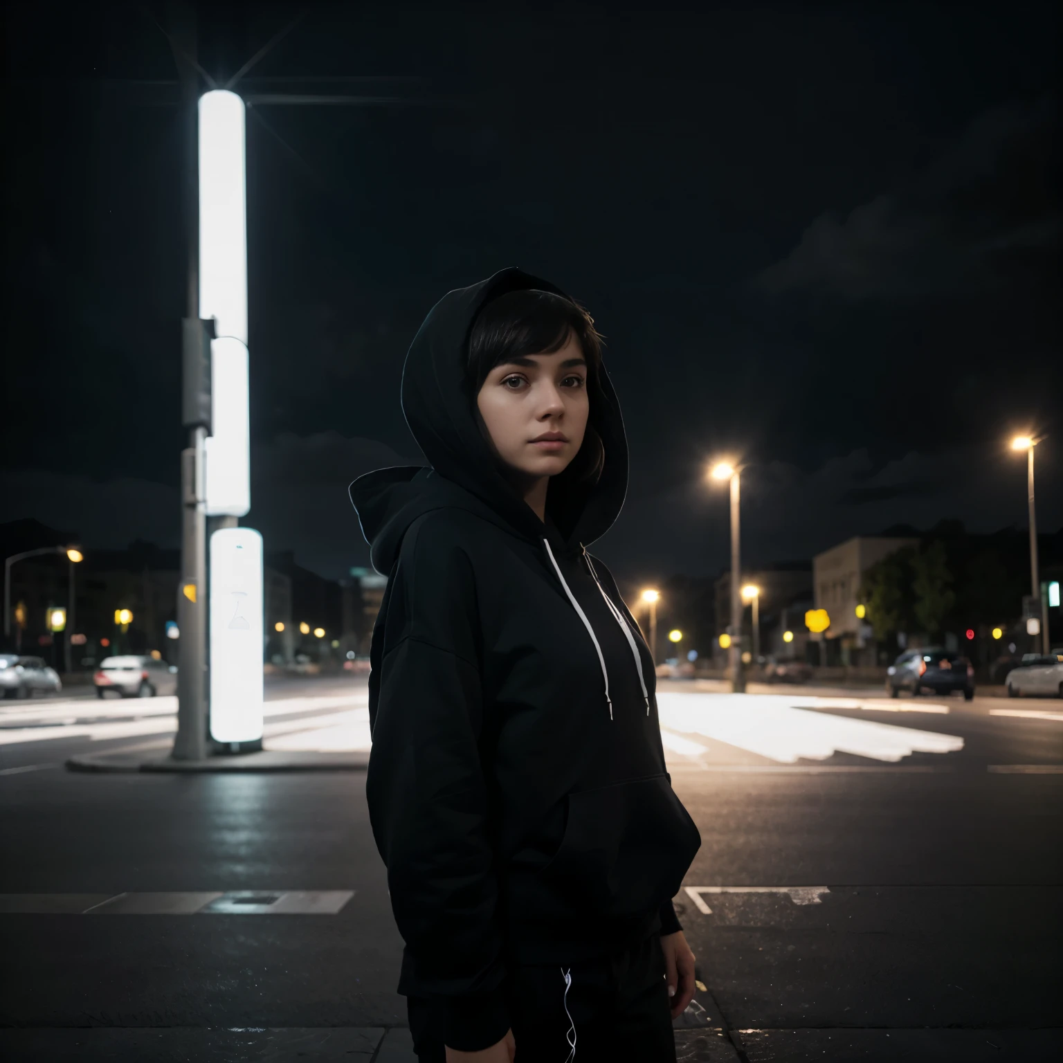 looking to the horizon, ((Monocrhome)), blurred background, dark, (capucha) determined, cute, chiaroscuro, black and white, 90s girl, minimalistic, beautifull, ((photoshot)), wearing a hoodie, black clothes, girl with pixie cut hairstyle, woman, dark background highlighting the figure. Natural lighting, stunning realism, minimalistic, boulevard, city bouildings, night lights, sky, clouds, (hoodie on), future bass, nadia.