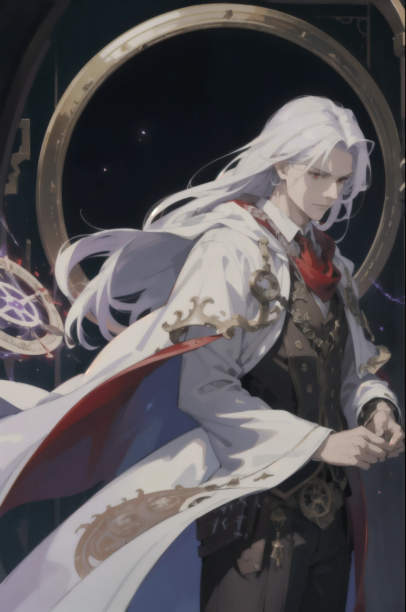 masterpiece, best quality, 1 male, aldult, Tall and muscular, Handsome, red eyes, intricate details, white hair, (Style Swirl Magic:1.0), look down, alone, Upper body, Detailed background, Detailed face, (steampunk theme:1.1) The Wizard, White magic robes, definite expression, purple color scheme, dark red light, Summoning Circle, bookshelf, glowing magic runes, dark atmosphere, shadow, Realistic lighting, floating particles, spark, Red arcane symbol surrounded by blue lightning, corrupted by terrible power, bloom,