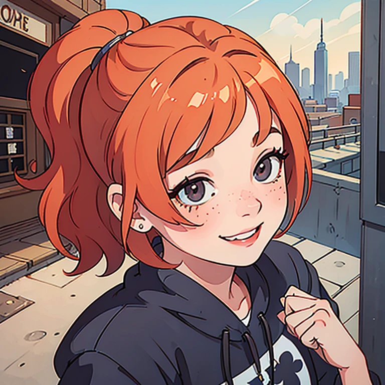 Realistic detailed portrait ,stanley artgerm, very coherent. female. 20 years old. modern clothes. City in the background. ginger hair. freckles. cute. Dove Cameron. smiling.