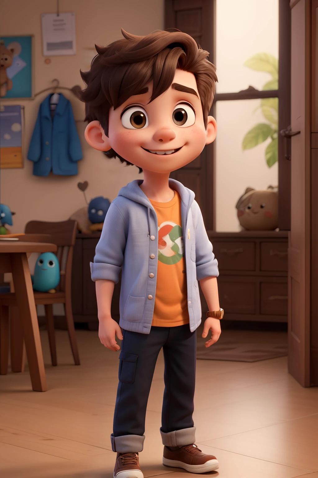 personagem de desenho animado realista de um menino caracterizado como engenheiro civil, de cabelos pretos, lisos, curtos e com uma pequena franja. His name is Aru. And he is a very smart boy, bonito, esperto, sorridente e inquieto