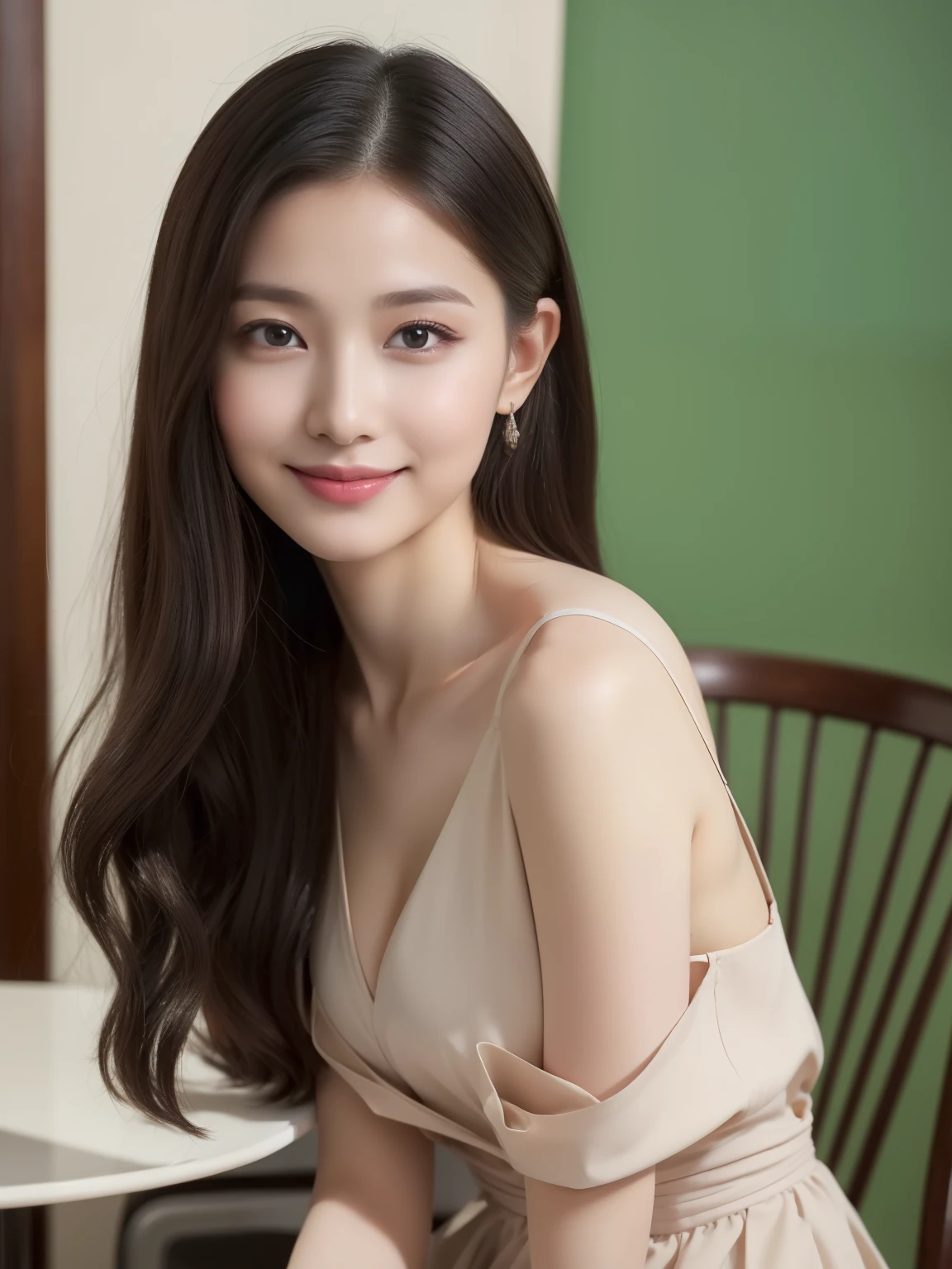 ((Top quality, 8K, Masterpiece: 1.3)), Beautiful girl, Pure, Melon face, Kind and cute, Sweet smile, Pure desire, Slender body, (Front), (Tilted head), ((Looking at camera) ), wearing a raspberry ripple color suit, black straight long hair, long flowing shoulders, round black big eyes, clear big eyes, moist red lips, sweet, sitting on a chair, cafe background, (waist shot), (Random body direction), (Shooting from a long distance),