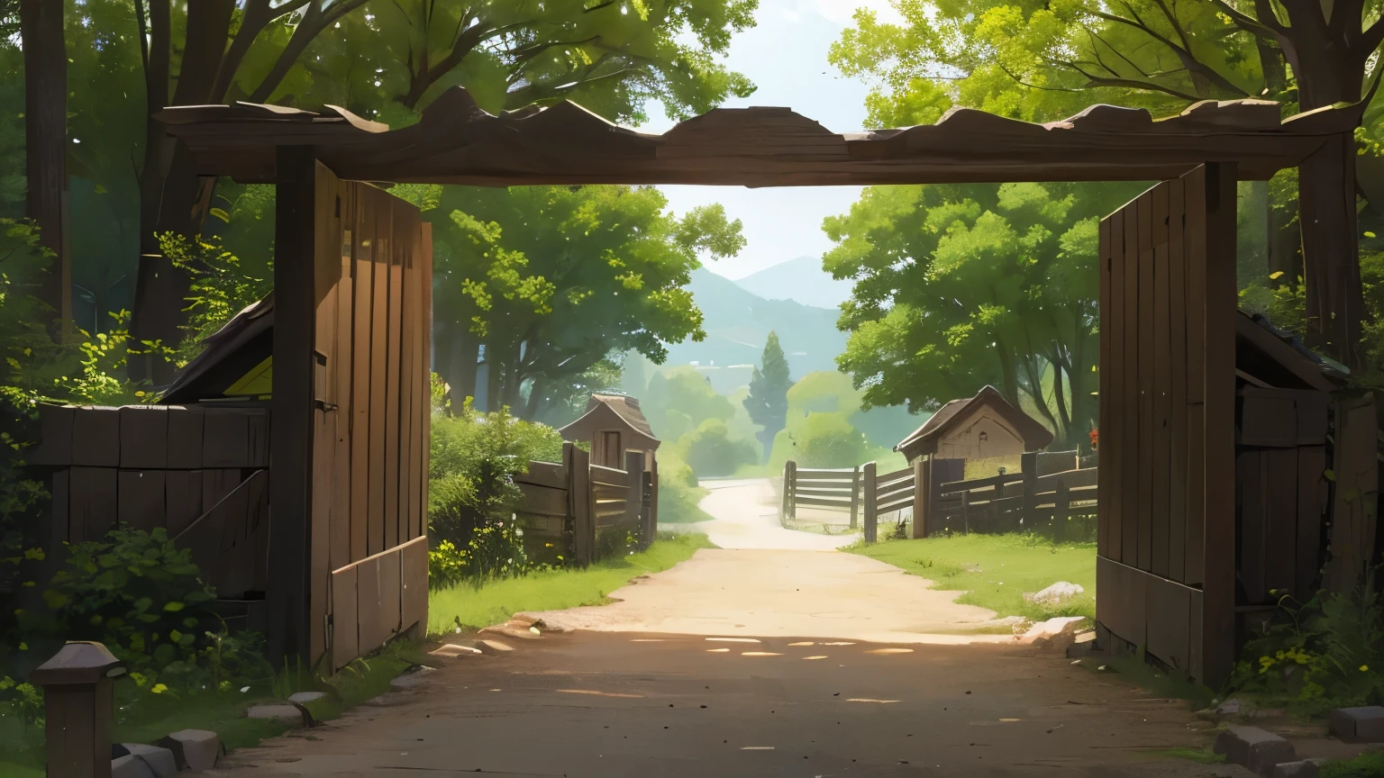 In a village we see a gate made of logs open, seen from an inside perspective and showing a path into a forest. (aldea medieval estilo anime)