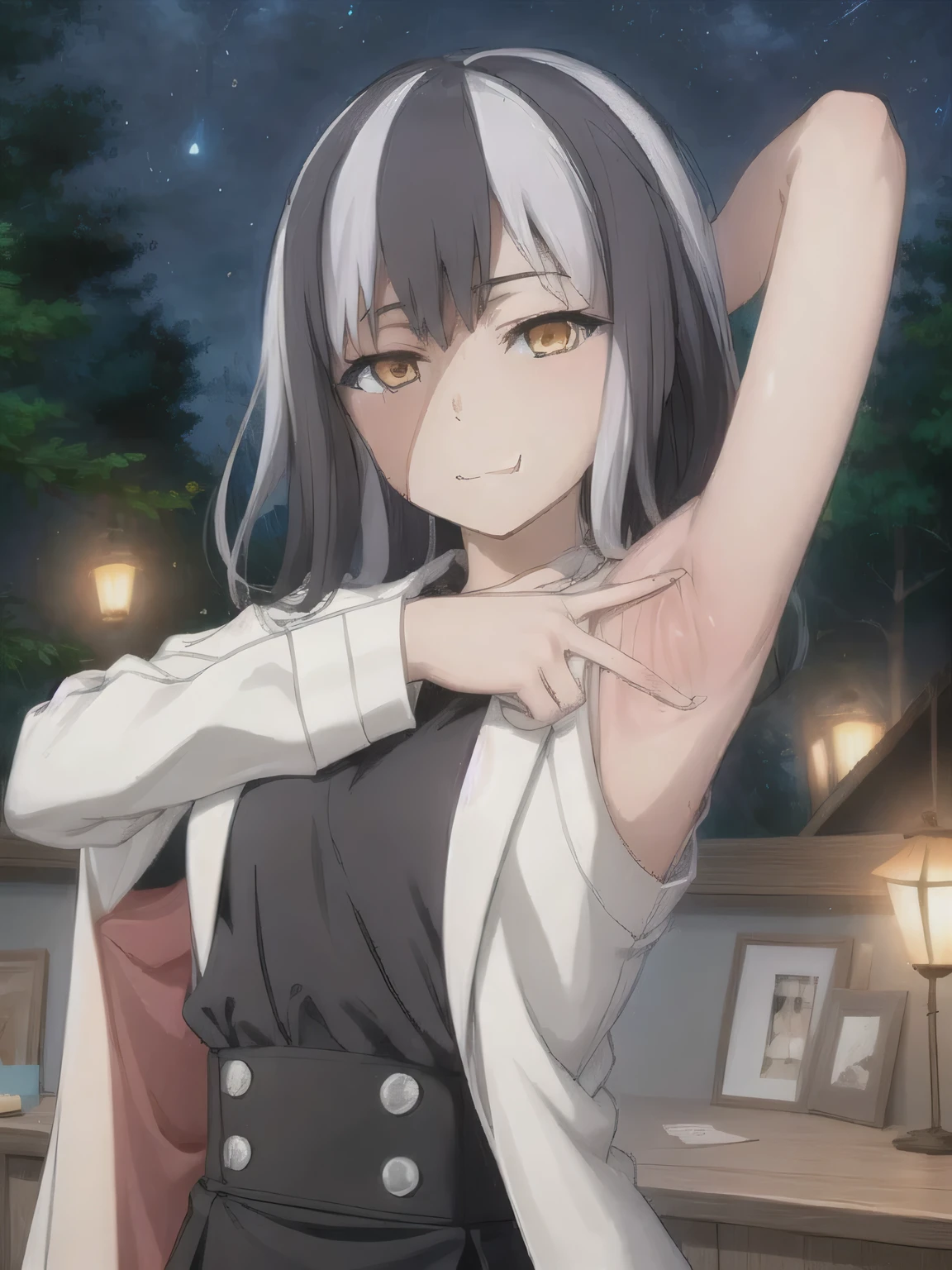 1girl, masterpiece, best quality, skirt, shirt, solo, upper body, night sky, forest, arms behind head, contrapposto, spread armpits, smile, white labcoat, expressionless, closed mouth,