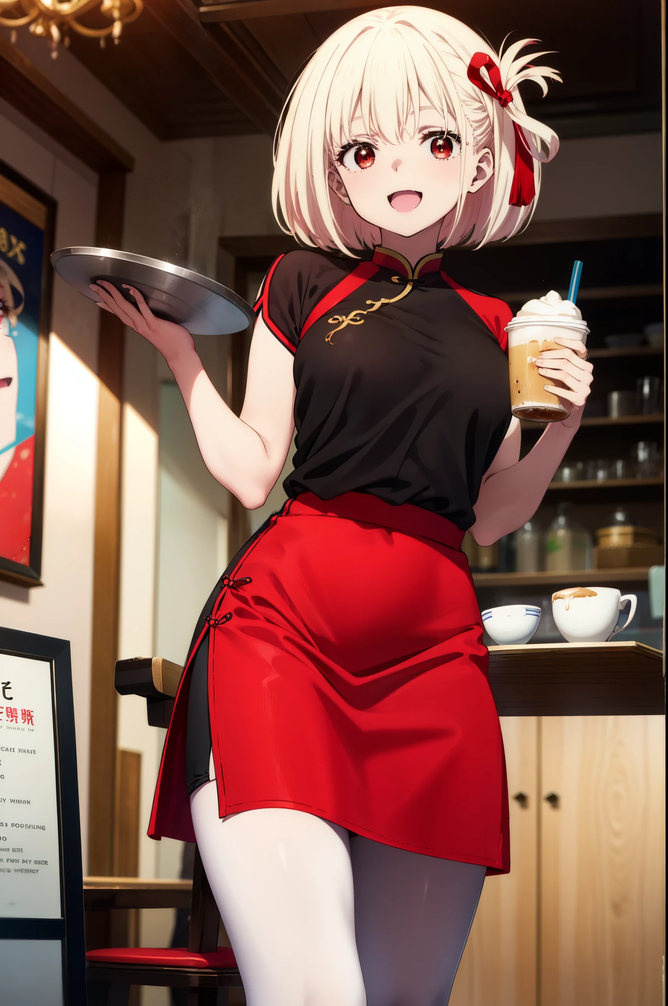 chisatonishikigi, Chisato Nishikigi, short hair, bangs, blonde hair, (red eyes:1.5), hair ribbon, one side up, bob cut,happy smile, smile, open your mouth,skirt,happy smile, smile, open your mouth,skirt,
red cheongsam,Red long slit,white pantyhose,stiletto heels,Akabuchi Glasses,food, drink, Tables and chairs, cleaning, tray, tray in one hand
break indoors,Chinese style coffee shop,
break looking at viewer, (cowboy shot:1.5),
break (masterpiece:1.2), highest quality, High resolution, unity 8k wallpaper, (figure:0.8), (detailed and beautiful eyes:1.6), highly detailed face, perfect lighting, Very detailed CG, (perfect hands, perfect anatomy),