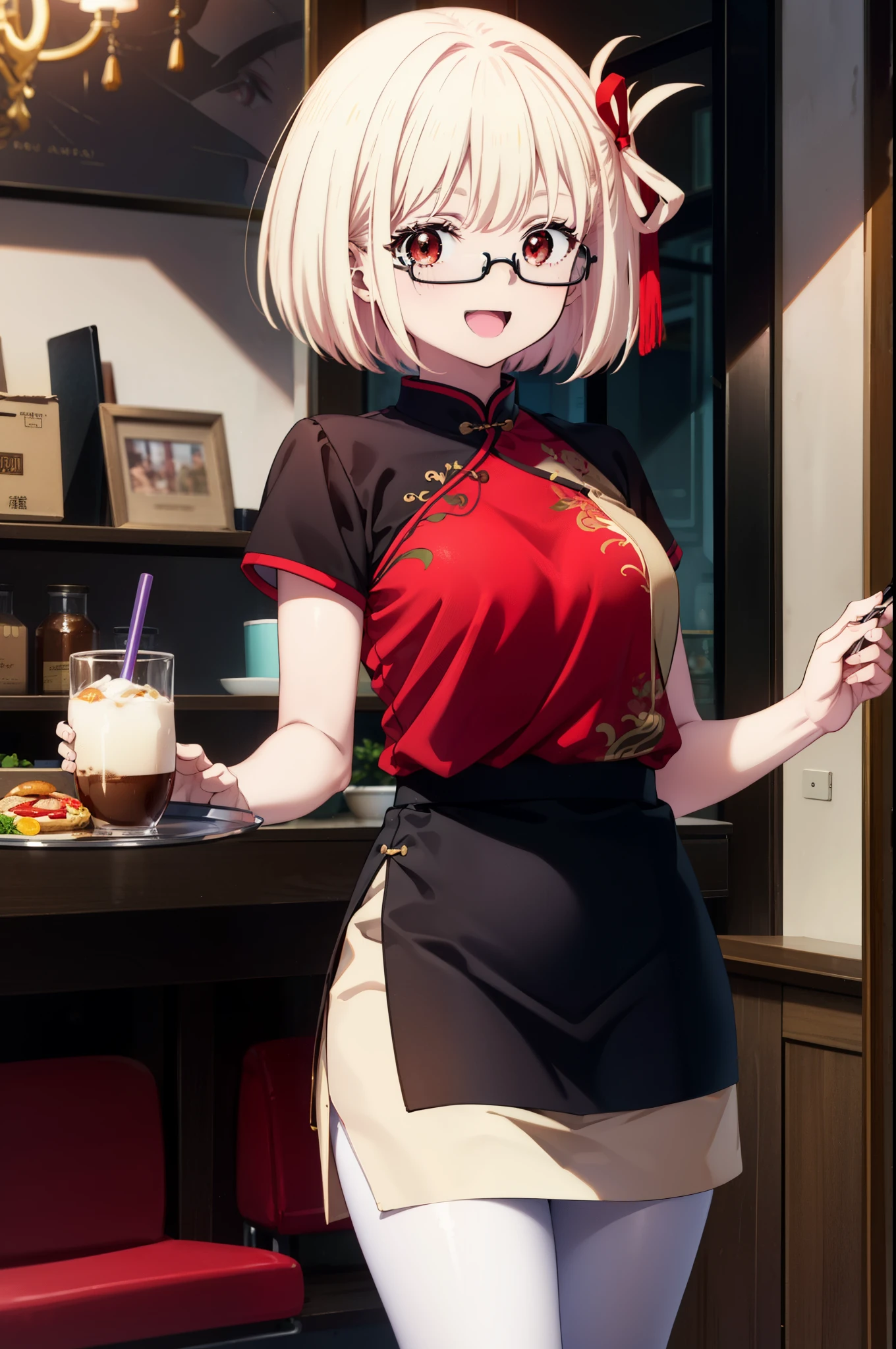 chisatonishikigi, Chisato Nishikigi, short hair, bangs, blonde hair, (red eyes:1.5), hair ribbon, one side up, bob cut,happy smile, smile, open your mouth,skirt,happy smile, smile, open your mouth,skirt,
red cheongsam,Red long slit,white pantyhose,stiletto heels,Akabuchi Glasses,food, drink, Tables and chairs, cleaning, tray, tray in one hand
break indoors,Chinese style coffee shop,
break looking at viewer, (cowboy shot:1.5),
break (masterpiece:1.2), highest quality, High resolution, unity 8k wallpaper, (figure:0.8), (detailed and beautiful eyes:1.6), highly detailed face, perfect lighting, Very detailed CG, (perfect hands, perfect anatomy),