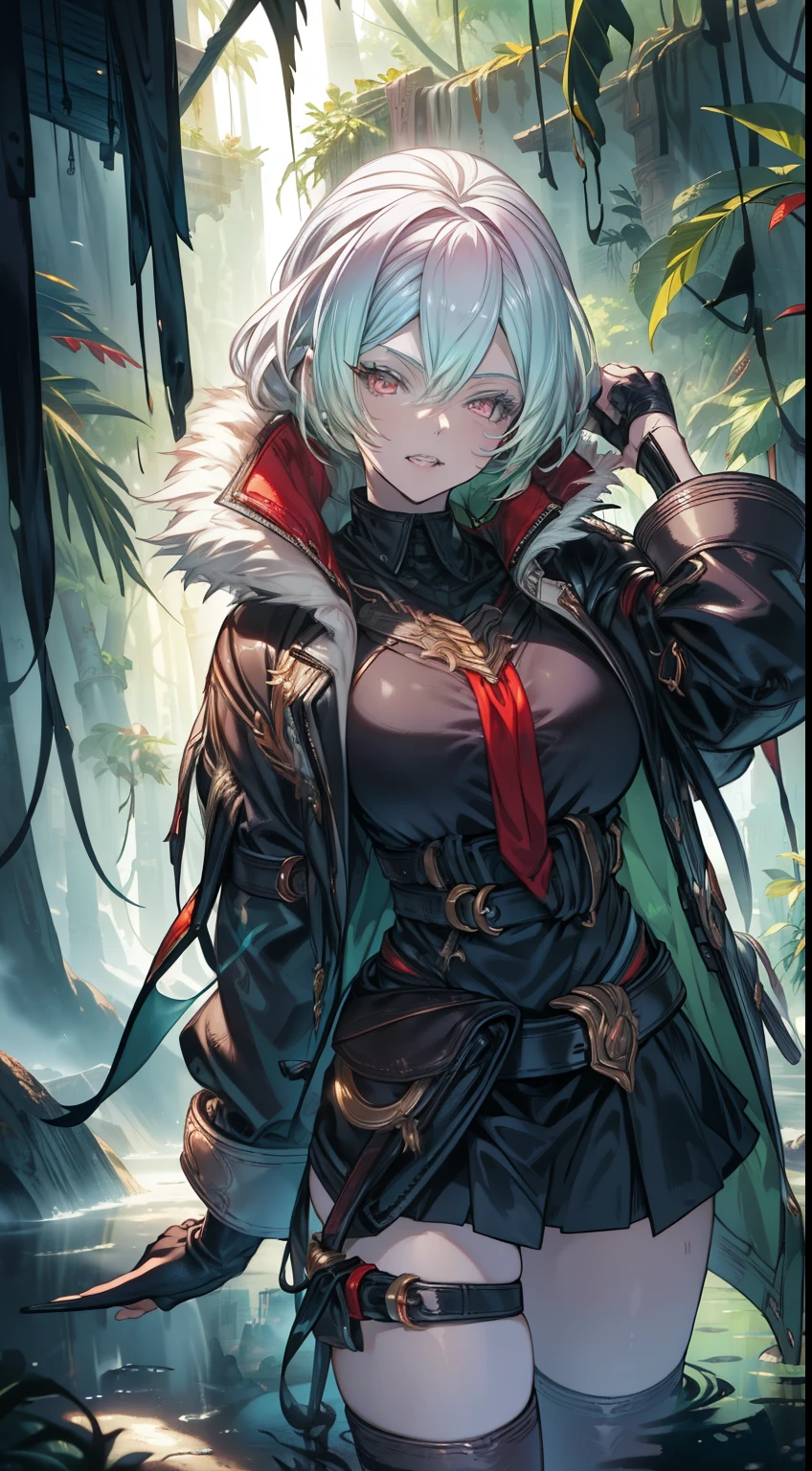 realistic photo of slaved (savage, tribal, jungle)_vampire with (white hair), bat fur, coat|wings, ((fangs)), colorful extremely_detailed_(tribal, jungle)_tight_(lacy, leather, fur, silk, satin, latex)_(clothing, skirt), high collar, detailed face, detailed beautiful shiny red eyes, slit pupils, metallic reflections, ((tatooed, marked)_with_shining_runes)_fit_muscular_body, shiny skin, tropical city ruins fog, 1girl, natural breasts, medium length white hair, masterpiece, best quality, beautiful and aesthetic:1.2, fractal art:1.4