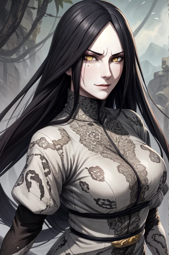 {-erro_de_anatomia:1.0} estilo anime, Masterpiece, absurdities, Orochimaru\(Naruto\), 1girl Solo, Mature woman, Oversized shirt with broad shoulders, Perfect composition, Detailed lips, large breasts, Beautiful face, body proportion, Blush, Long black hair, ( black hair), yellow eyes, Soft gauze, Super realistic, Detailed, photo shoot, Realistic faces and bodies, masterpiece, best quality, best ( white snake) illustration, hyper detailed, 1 girl, solo, glamorous, blushing, whole body, 