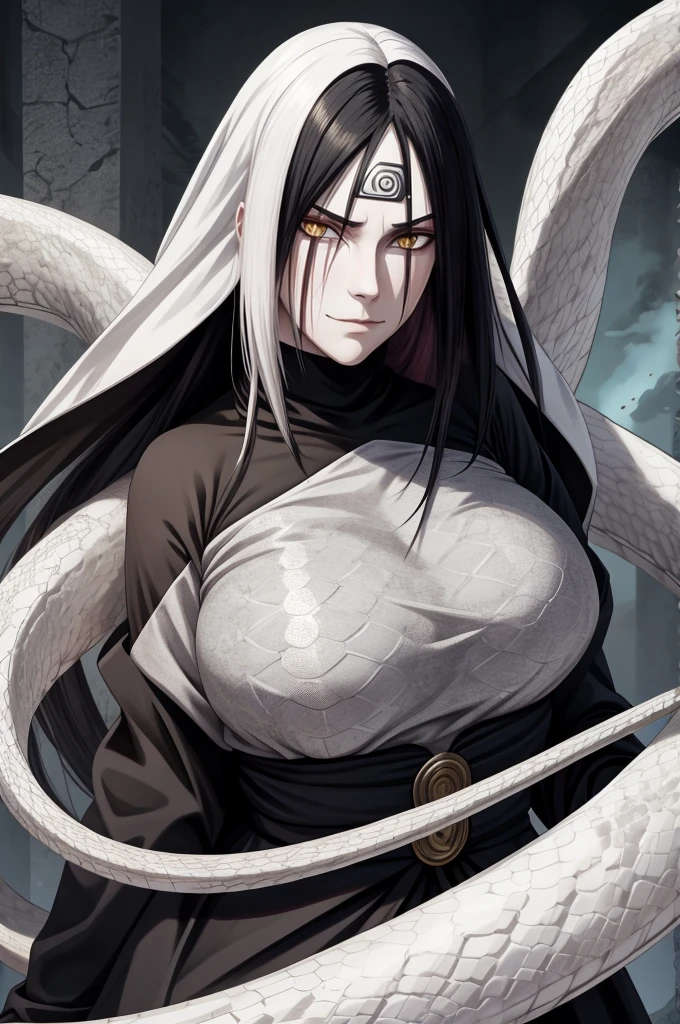 {-erro_de_anatomia:1.0} estilo anime, Masterpiece, absurdities, Orochimaru\(Naruto\), 1girl Solo, Mature woman, Oversized shirt with broad shoulders, Perfect composition, Detailed lips, large breasts, Beautiful face, body proportion, Blush, Long black hair, ( black hair), yellow eyes, Soft gauze, Super realistic, Detailed, photo shoot, Realistic faces and bodies, masterpiece, best quality, best ( white snake) illustration, hyper detailed, 1 girl, solo, glamorous, blushing, whole body,