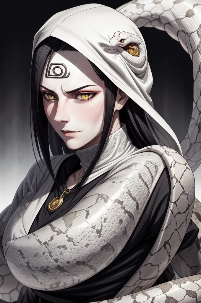 {-erro_de_anatomia:1.0} estilo anime, Masterpiece, absurdities, Orochimaru\(Naruto\), 1girl Solo, Mature woman, Oversized shirt with broad shoulders, Perfect composition, Detailed lips, large breasts, Beautiful face, body proportion, Blush, Long black hair, ( black hair), yellow eyes, Soft gauze, Super realistic, Detailed, photo shoot, Realistic faces and bodies, masterpiece, best quality, best ( white snake) illustration, hyper detailed, 1 girl, solo, glamorous, blushing, whole body, 
