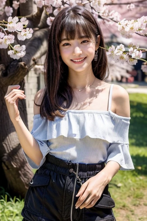 (masterpiece:1.4), (best quality:1.4) ,8K,cinematic lighting,((best quality)), (masterpiece) , (realistic shadow) , (depth of field),(intricate details:1.4), (Solo Beauty Idol Girl,),(Black semi-long drill hair with asymmetrical bangs:1.3),Happy smiling face、Girl enjoying barbecue on beautiful riverbed, (wearing off-shoulder top, cargo shorts:1.3),Necklace,Piercing,Beautiful hands,Beautiful fingers,⠀
(Looking at Viewer),day, Backlighting),(Full body shot,), (one_breast_out:1.3),nipples,(cherry blossom:1.3), clothes_pull,breast_slip,