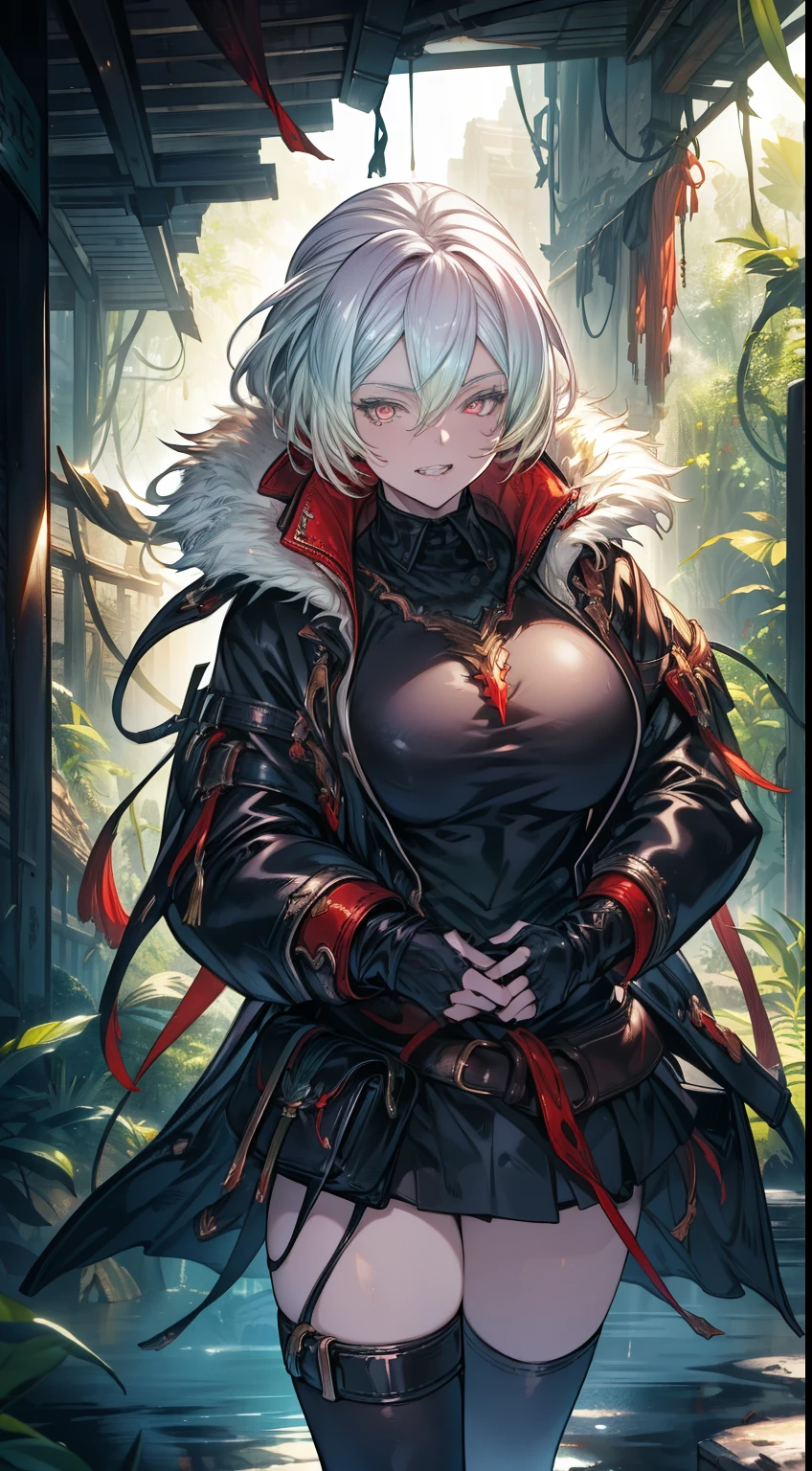 realistic photo of slaved (savage, tribal, jungle)_vampire with (white hair), bat fur, coat|wings, ((fangs)), colorful extremely_detailed_(tribal, jungle)_tight_(lacy, leather, fur, silk, satin, latex)_(clothing, skirt), high collar, detailed face, detailed beautiful shiny red eyes, slit pupils, metallic reflections, ((tatooed, marked)_with_shining_runes)_fit_muscular_body, shiny skin, tropical city ruins fog, 1girl, natural breasts, medium length white hair, masterpiece, best quality, beautiful and aesthetic:1.2, fractal art:1.4