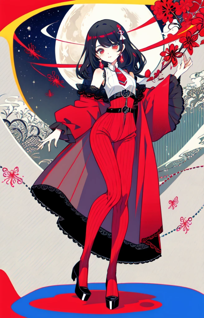 Una chica de cabello negro ojos rojo. Cuerpo completo pechos muy grandes con un lunar al lado Del ojo izquierdo, demon she is wearing a top with red lace and red pants, con dobladillo y tacones. full body full flower red spider lily