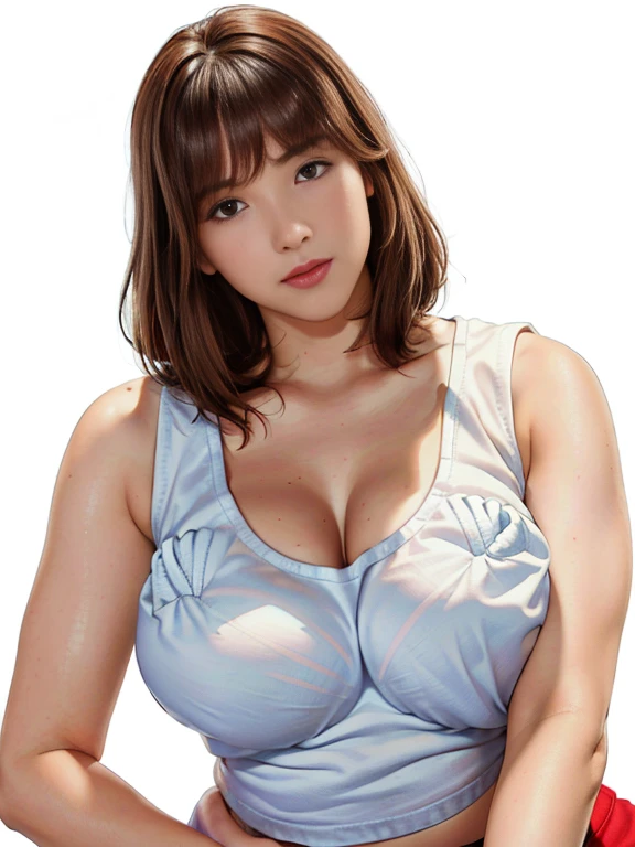 highest quality, realistic, 8K, High resolution, 1 girl, woman, (skin dents), (portrait: 0.6), nice, (white background: 1.82)), ((big size round breasts, Sleeveless white T-shirt: 1.75)), look straight viewer: 1.8, (1 girl Eyes, medium length hair, brown hair, parted bangs : 1.65), realistic, (Bokeh), (closed your mouth: 1.46), nice, Pueros face_V1,