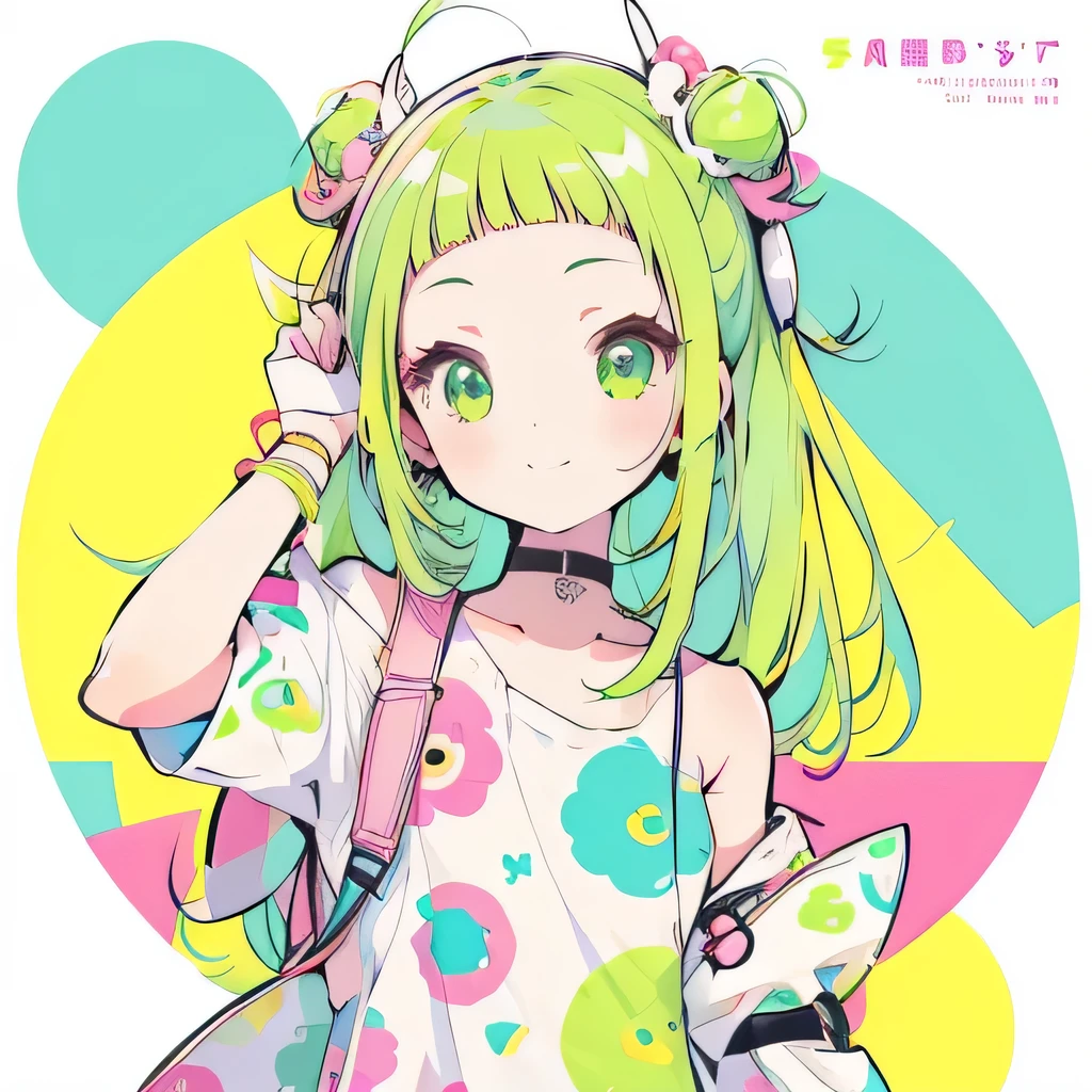 Girly girl, happy, colorful, flat, harajuku, posing, green hair, innocent, smiling, beautiful, face focus, face close-up, short bangs, cute, bubbly, white background, no shirt, naked