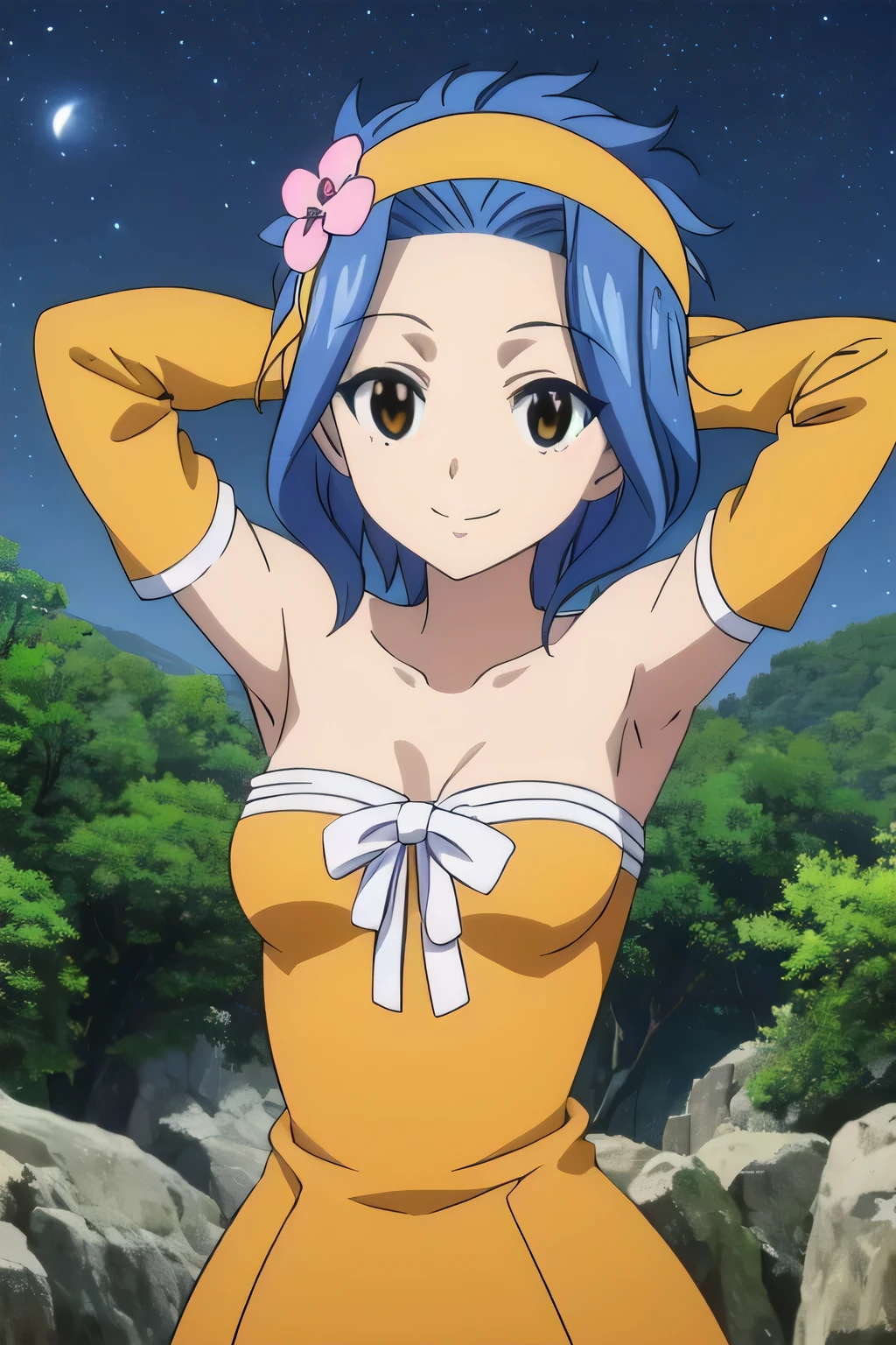 LEVY MCGARDEN, (BROWN EYES:1.35), BLUE HAIR, SHORT HAIR, SIDELOCKS, HAIR ORNAMENT, DRESS, BARE SHOULDERS, COLLARBONE, FLOWER, DETACHED SLEEVES, HAIR FLOWER, STRAPLESS, HEADBAND, SHORT DRESS, STRAPLESS DRESS, ORANGE DRESS, 1girl, smile, solo, night sky, forest, arms behind head, contrapposto, spread armpits, closed mouth,, looking at viewer, upper body,