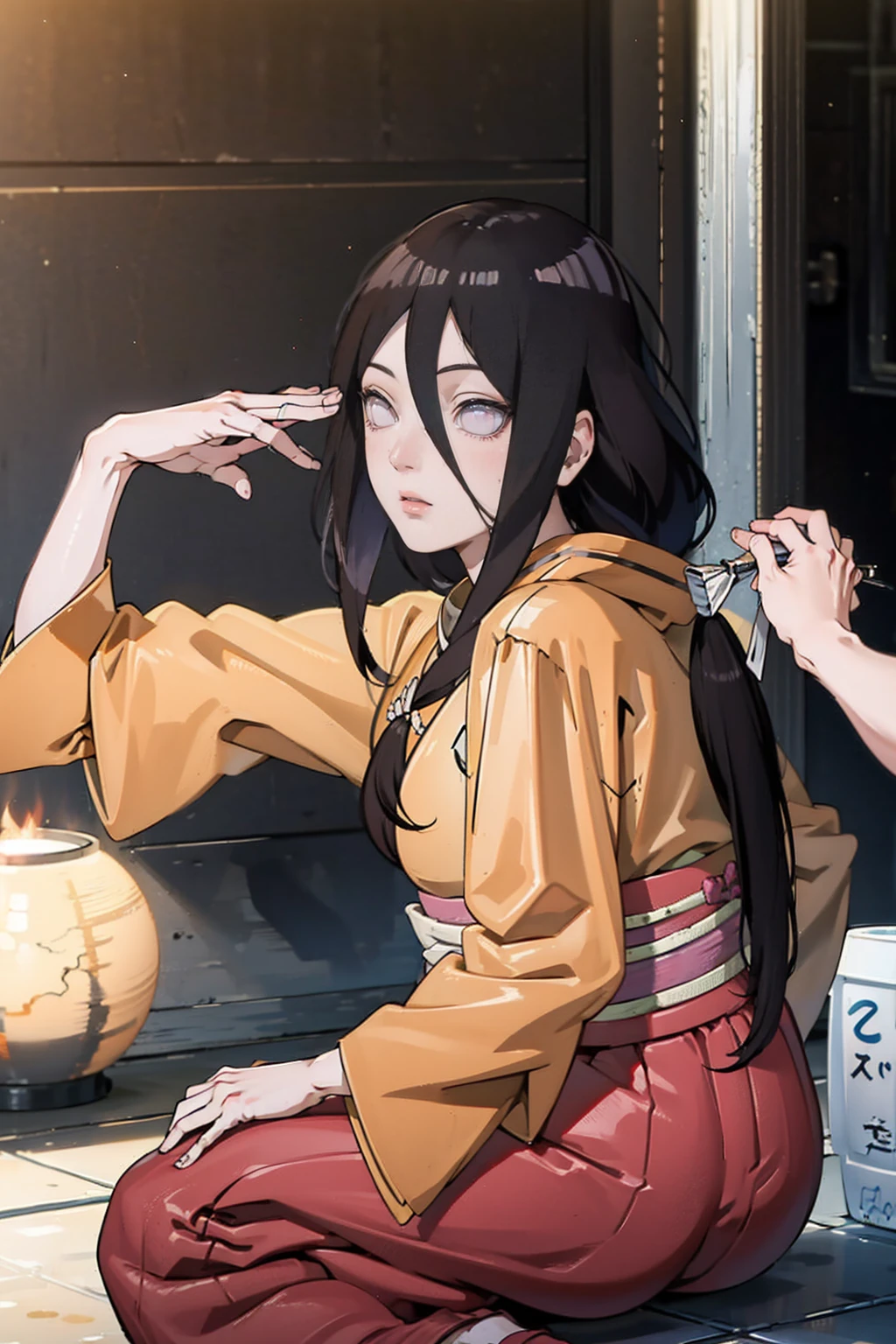 tmasterpiece, hoang lap , (Complicated details), (rich colourful), movie lighting, bust, the Extremely Detailed CG Unity 8K Wallpapers , Hinata flower ratio, 1girll, solo, orange kimono, Red hakama skirt, obi strip, Wide sleeves, looking at viewert, ventania, Combat posture, Low hair tied long,dinamic poses, lilac eyes, sitting oh the floor, backwards, looking back