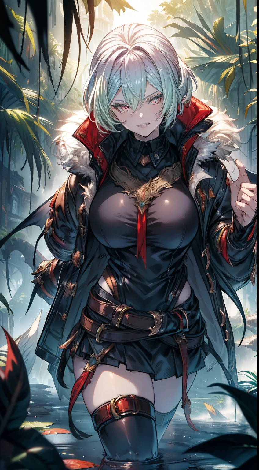 realistic photo of slaved (savage, tribal, jungle)_vampire with (white hair), bat fur, coat|wings, ((fangs)), colorful extremely_detailed_(tribal, jungle)_tight_(lacy, leather, fur, silk, satin, latex)_(clothing, skirt), high collar, detailed face, detailed beautiful shiny red eyes, slit pupils, metallic reflections, ((tatooed, marked)_with_shining_runes)_fit_muscular_body, shiny skin, tropical city ruins fog, 1girl, natural breasts, medium length white hair, masterpiece, best quality, beautiful and aesthetic:1.2, fractal art:1.4