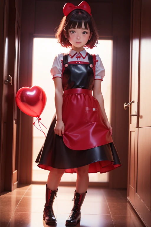 a  girls, ((she is having a red balloon)) , real photo, (((full body))), (looking down at me),  bob hair, big ribbon on he hair, (apron leather dress), boots,