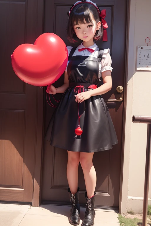 a girls, ((she is having a red balloon)) , real photo, (((full body))), (looking down at me), bob hair, big ribbon on he hair, (apron leather dress), boots,