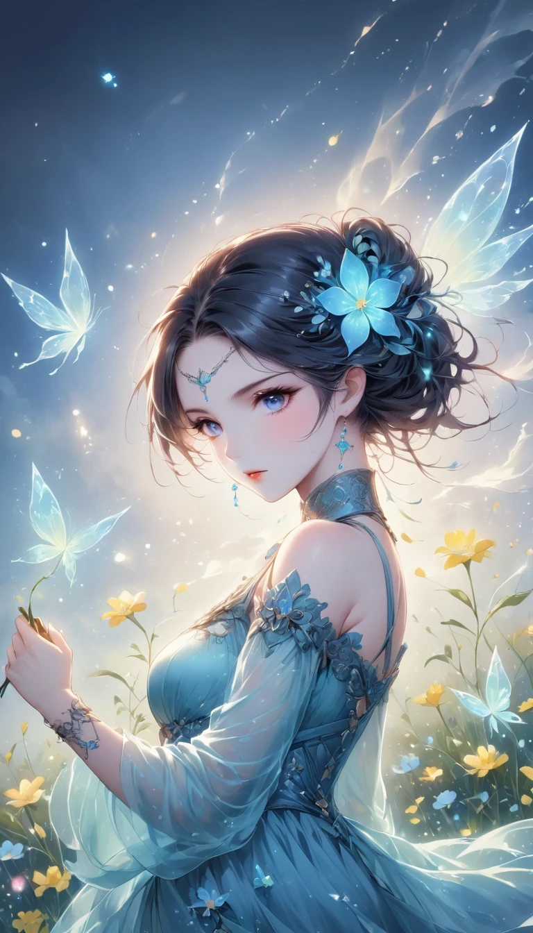 Anime line drawing,Invisible energy vampires sucking the life force from the glowing flowers in the fairy meadow, Ultra-fine digital, Photothermal UV