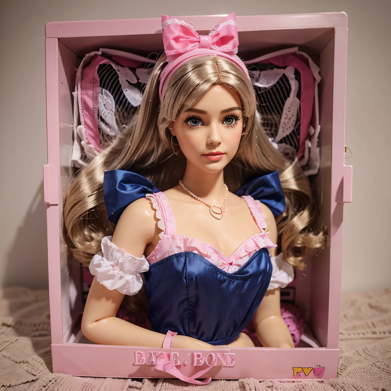 Doll retro style Box, like Barbie in the Nineties, but without the doll in it, Bright and stylish design with plastic covering in a high-quality fabric 