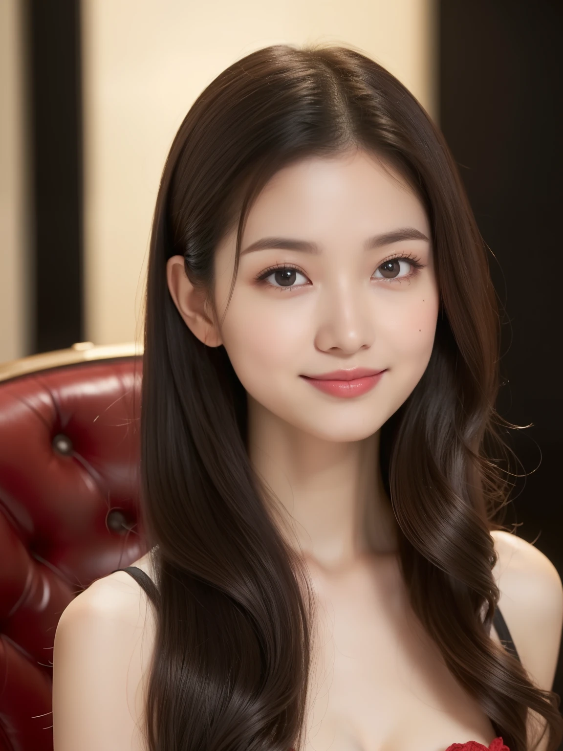 ((Top quality, 8K, Masterpiece: 1.3)), Beautiful girl, Pure, Melon face, Kind and cute, Sweet smile, Pure desire, Slender body, (Front), (Tilted head), ((Looking at camera) ), wearing a raspberry ripple color suit, black straight long hair, long flowing shoulders, round black big eyes, clear big eyes, moist red lips, sweet, sitting on a chair, cafe background, (waist shot), (Random body direction), (Shooting from a long distance),