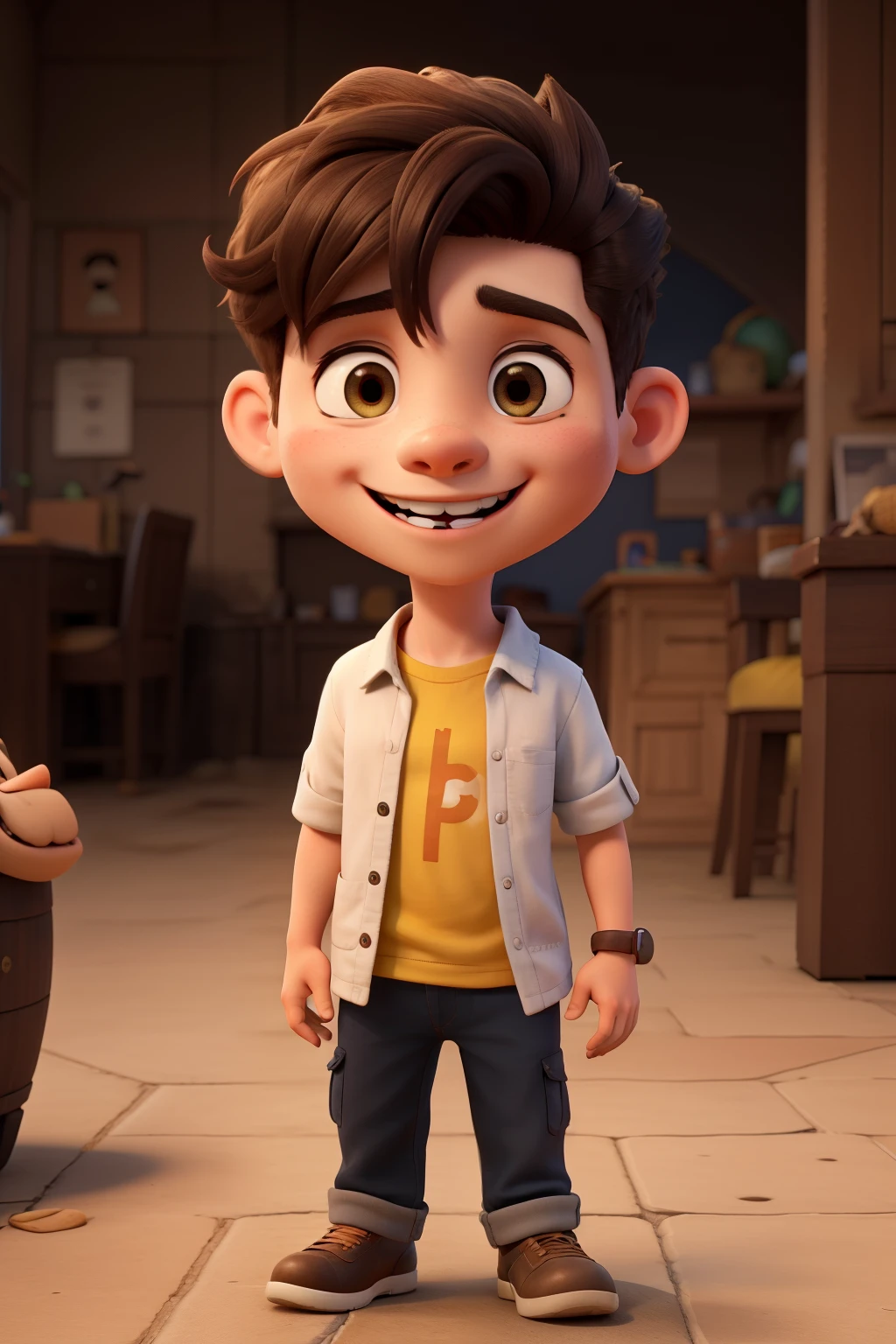 personagem de desenho animado realista de um menino caracterizado como engenheiro civil, de cabelos pretos, bem lisos, curtos e com uma pequena franja. His name is Aru. And he is a very smart boy, bonito, esperto, sorridente e inquieto. Ele tem sardas e usa capacete de engenheiro. 