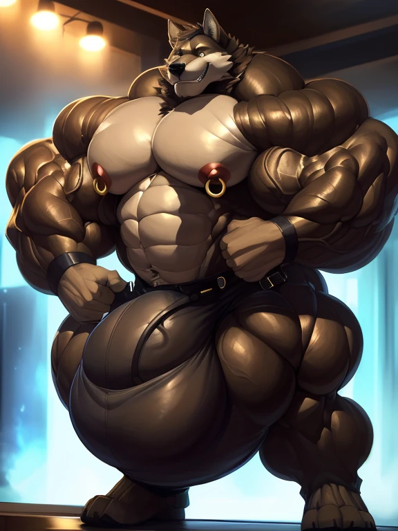 4k, high resolution, best quality, perfect lightning, perfect shadows, solo, anthro, young, boy, wolf, furry body, (fluffy mane:1.2), fluffy tail, male, adult, (bulky2:0, thick muscles2:0, huge muscles:2.0, hyper muscles:2.0), (thick biceps, veiny biceps, big broad veiny pecs, broad shoulders:2.0), (thick legs, thick calves:1.1), (digitigrade legs, 4 toes:1.2), (huge bulge:2.0, hyper bulge:2.0), perfect colors, (photorealistic fur, detailed fur, epic, masterpiece), (suggestive posing:1.2), (seductive smile, lustful grin 1.3), detailed modern bar, (black leather jacket, open jacket, tie, black shorts), detailed wolf eyes, by k0suna, by darkgem，nipple ring，big pecs:2.0