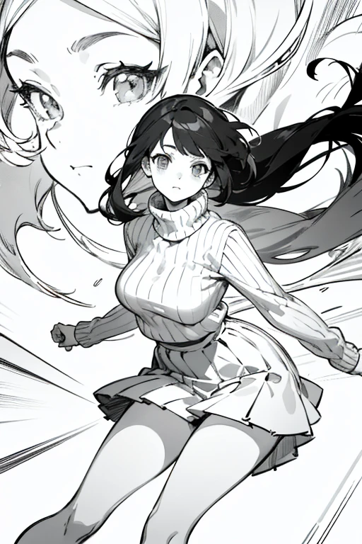 ((highest quality)), ((masterpiece)), (be familiar with), perfect face、girl、line drawing、anime style、Flaxen Turtleneck Sweater、short skirt、Show the whole body、draft、monochrome、rough、grab the skirt with your hands、long hair、black hair、cool、Calm、very big breasts、I can see my underwear、Pussy visible through underwear